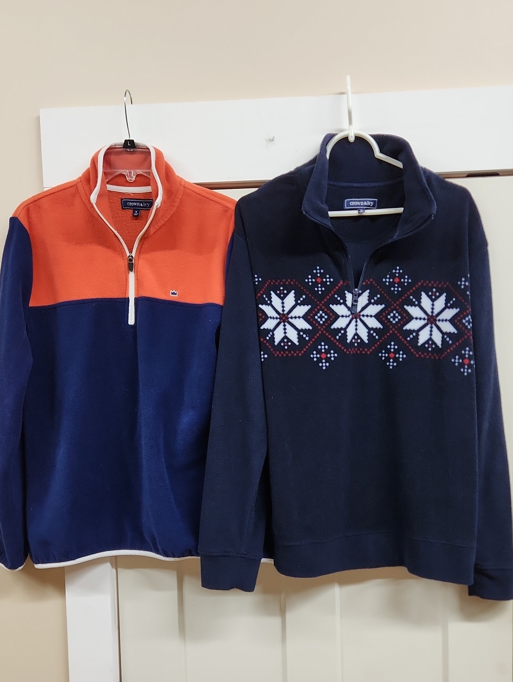 Crown & Ivy Navy and Orange And Snowflake Half-Zip Fleece Pullovers
